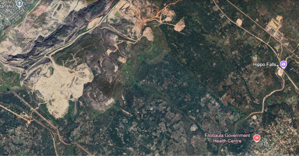 Aerial view of copper-bearing tailings and surrounding mining landscape, Zambia
