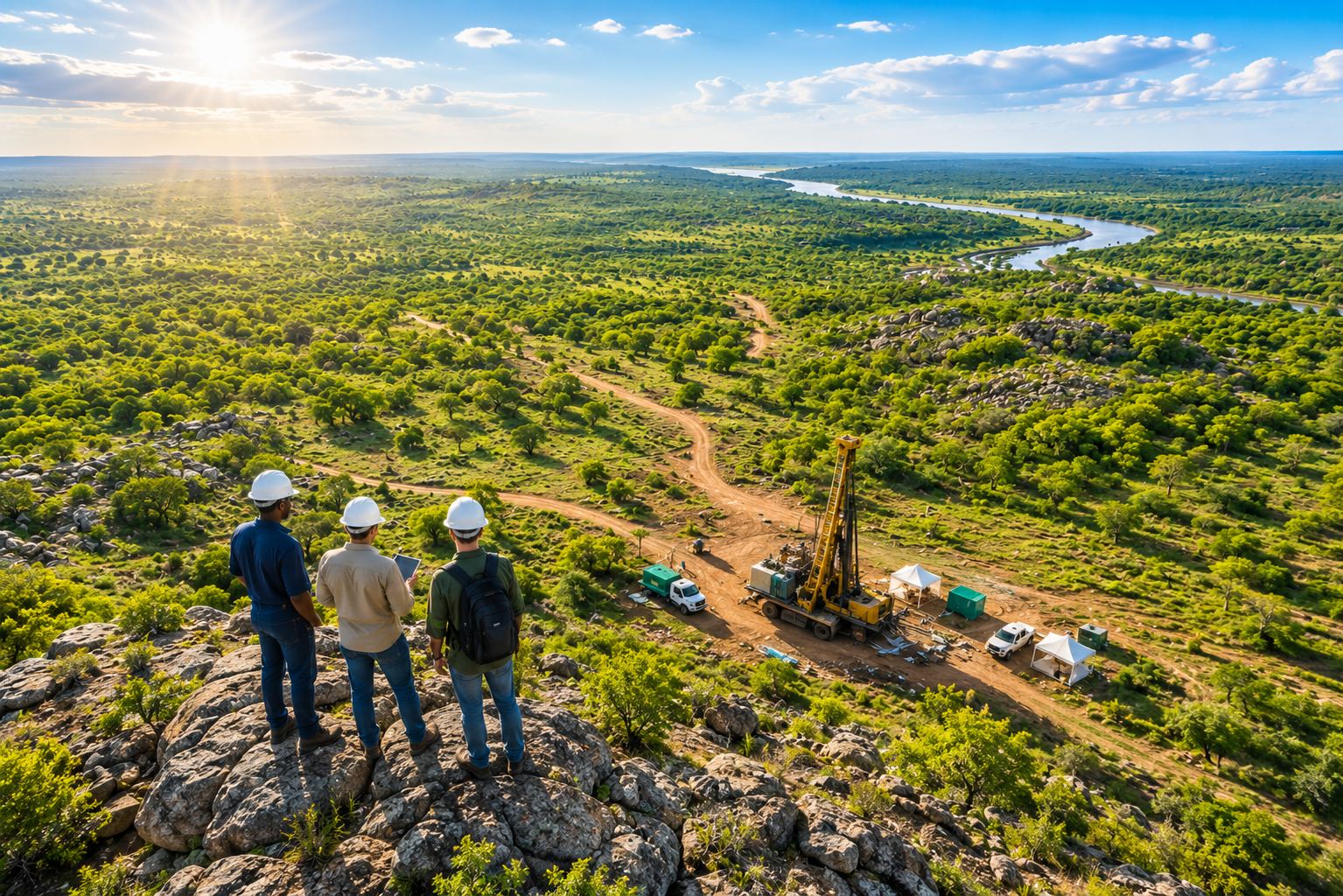 Geologists overlooking a drill site from a rocky outcrop in Zambia