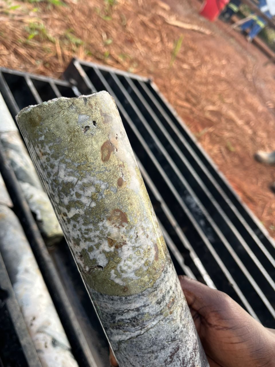 Massive chalcopyrite in carbonate veins in Kapako drill core