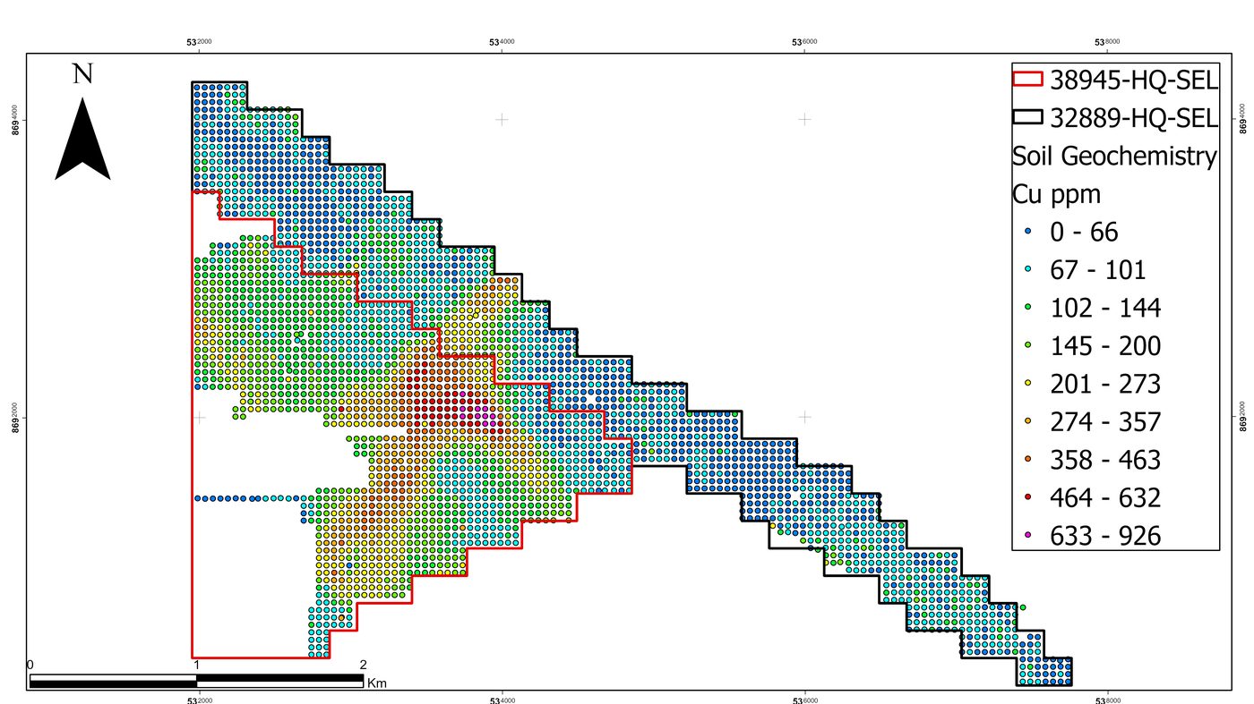 Copper soil geochemistry defining the 2 km NNE-trending anomaly at Kapako