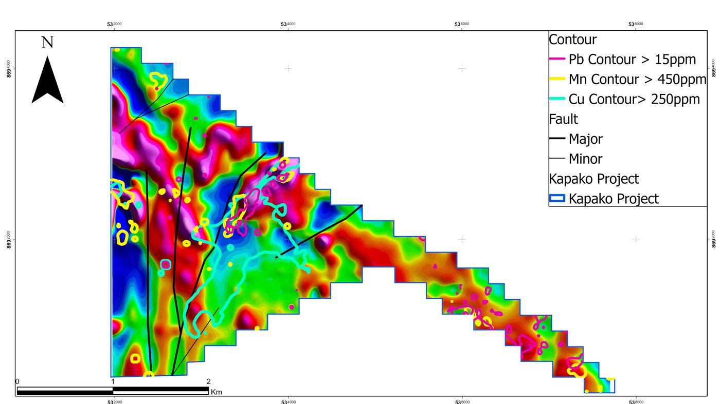 First vertical derivative magnetics with copper contours showing structural control at Kapako