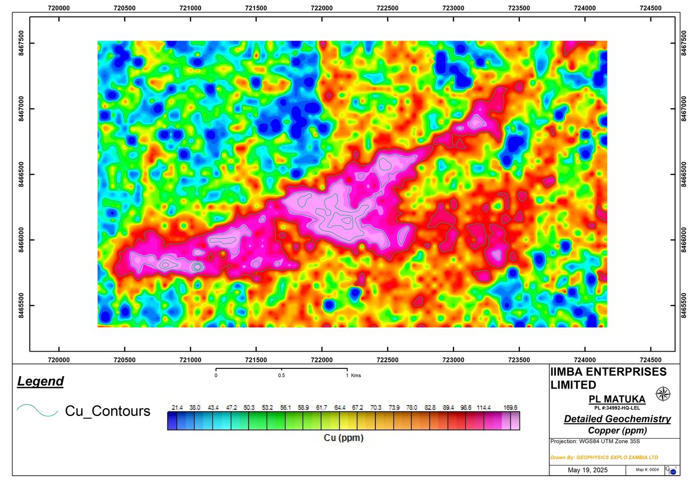 Detailed copper soil geochemistry defining the 3.3 km ENE-striking anomaly at Matuka