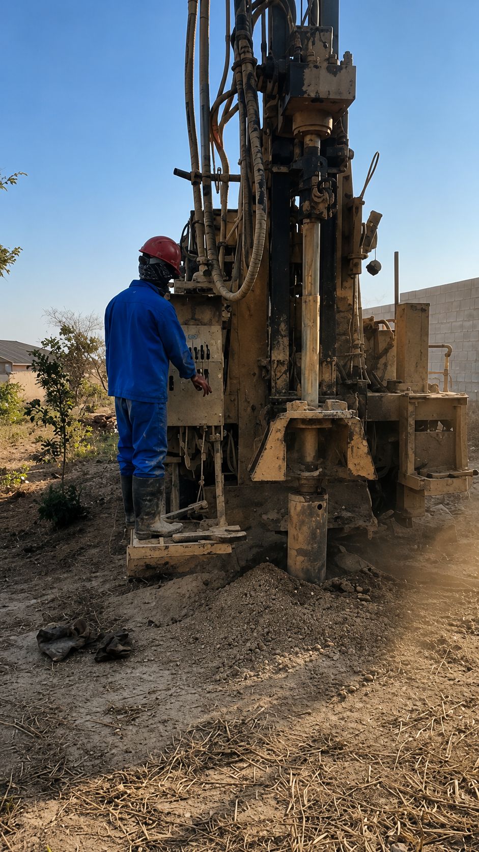 Drilling rig at work under clear daylight