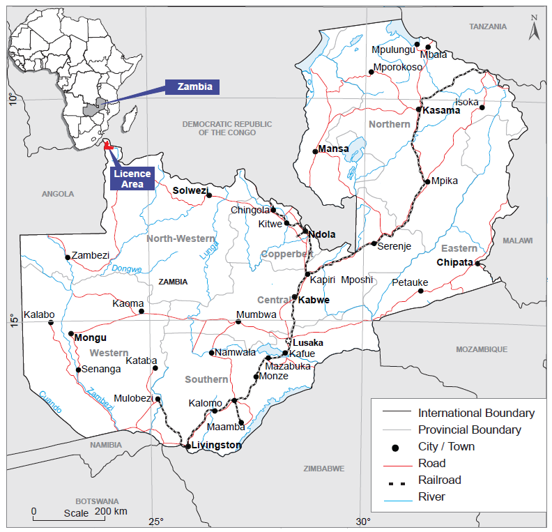 Map of Zambia showing the Jimbe licence area in North-Western Province